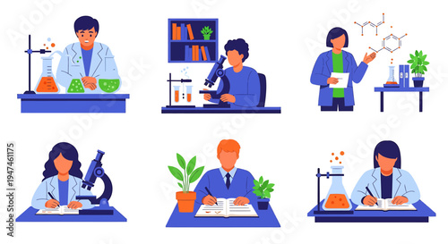 Collaborative Science Lab Scenes Showcasing Research And Discovery. Vector Illustrations. EPS Editable