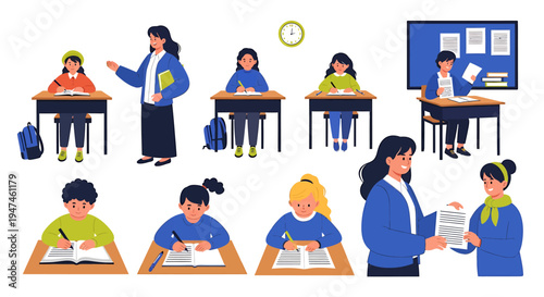 Colorful Classroom Scene With Students and Teacher in Modern Learning Environment. Vector Illustrations. EPS Editable