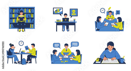 Collaborative Office Scenes with Diverse Teams and Technology. Vector Illustrations. EPS Editable