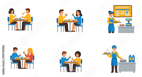 Collaborative Meetings and Teaching Scenes in Office and Cafe Environments. Vector Illustrations. EPS Editable