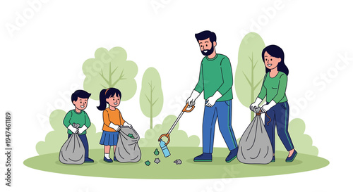 Community cleanup in park with volunteers and bags. Vector Illustrations. EPS Editable