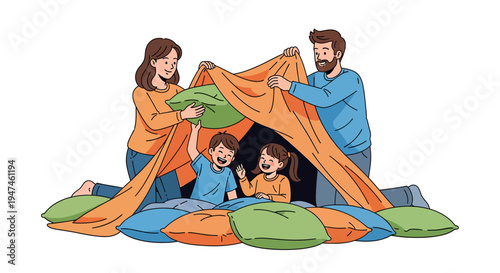 Cozy Family Camping Scene With Tent and Fun. Vector Illustrations. EPS Editable