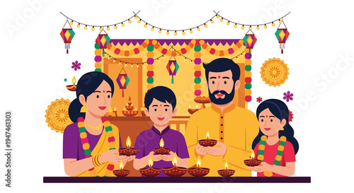 Family Celebrates Diwali Together At Home. Vector Illustrations. EPS Editable