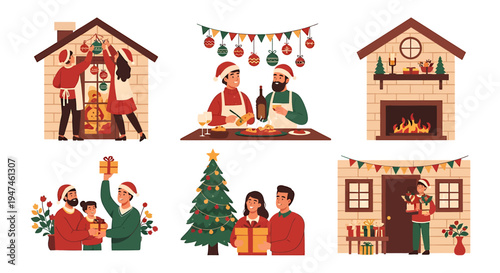 Family Christmas Scenes Inside Cozy Holiday Homes. Vector Illustrations. EPS Editable