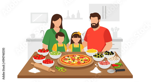 Family Cooking Pizza Together In Bright Modern Kitchen. Vector Illustrations. EPS Editable