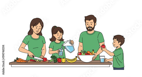 Family Cooking Together In The Kitchen. Vector Illustrations. EPS Editable