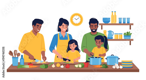 Family Cooking Portrait in Busy Kitchen Demonstrating teamwork and fun. Vector Illustrations. EPS Editable
