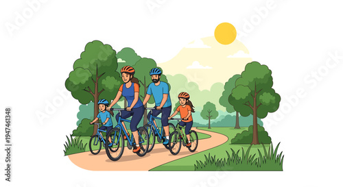 Family Cycling Together in Sunny Park Adventure. Vector Illustrations. EPS Editable