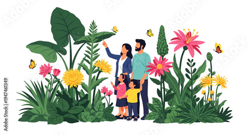 Family Enjoying Garden Flora Together Outdoors. Vector Illustrations. EPS Editable