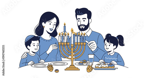 Family Hanukkah Dinner Scene with Menorah Candles. Vector Illustrations. EPS Editable