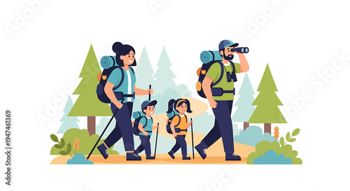 Family Hikers Exploring Forest Trail With Backpacks. Vector Illustrations. EPS Editable