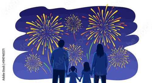 Family Night Fireworks Celebration Under Night Sky. Vector Illustrations. EPS Editable