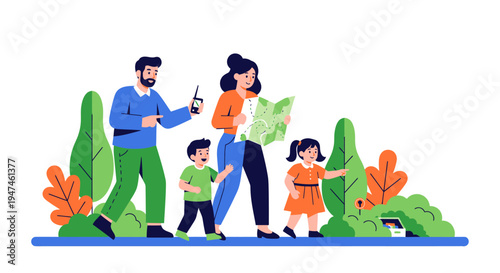 Family Outdoor Park Hike With Map. Vector Illustrations. EPS Editable