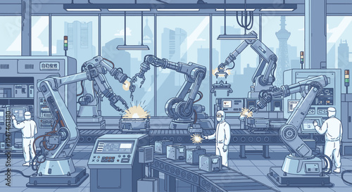 Illustration of robotic arms and workers in a modern industrial setting with a cityscape background and a predominantly blue color scheme.