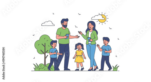 Family outdoor scene with parents and children in park. Vector Illustrations. EPS Editable