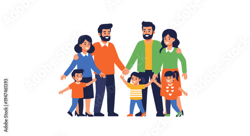 Family Portrait With Parents And Children Together. Vector Illustrations. EPS Editable