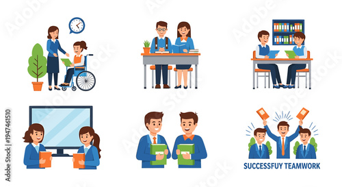 Group Learning and Collaboration Scenes with Students and Teachers. Vector Illustrations. EPS Editable