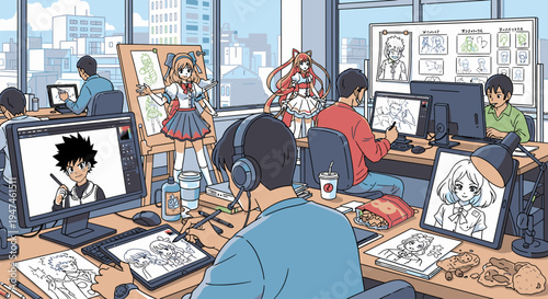 A group of people working at desks with computers and drawing tablets in a modern office with a city view background.