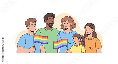 Group of diverse people celebrating Pride with rainbow flags. Vector Illustrations. EPS Editable