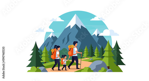 Group of hikers Trekking Through Alpine Mountain Landscape. Vector Illustrations. EPS Editable