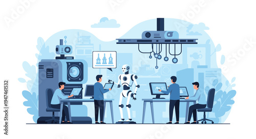 Illustration of people working with a robot in a modern office setting with computers and machinery in shades of blue.