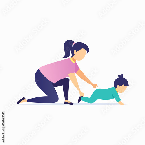 Mother Helping Baby Crawl Learning Development.