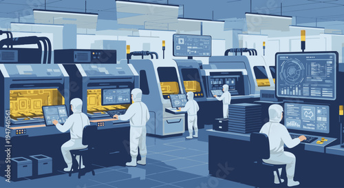 Workers operate industrial machines in a factory setting with a blue and yellow color scheme and a futuristic feel.