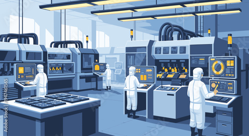 Illustration of workers in white lab coats operating industrial machinery in a blue-toned laboratory setting with various equipment and controls.