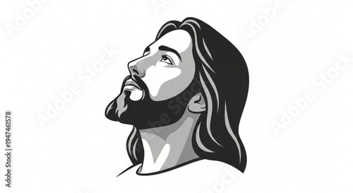 Jesus Christ Looking Upward - Grayscale Vector Illustration