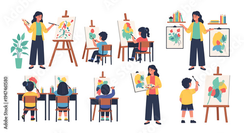 Group of People Painting in a Classroom Art Workshop. Vector Illustrations. EPS Editable