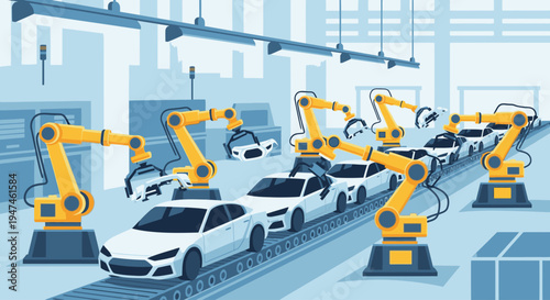 Illustration of robotic arms assembling cars on a production line in a factory with a blue and yellow color scheme and industrial background.