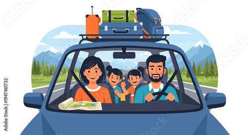 Happy family road trip in a blue car with luggage on the roof. Vector Illustrations. EPS Editable