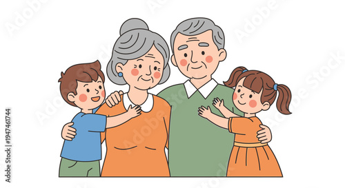 Happy multigenerational family group portrait with grandparents and children. Vector Illustrations. EPS Editable