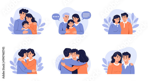Heartfelt Embrace Scenes Featuring Couples and Family. Vector Illustrations. EPS Editable