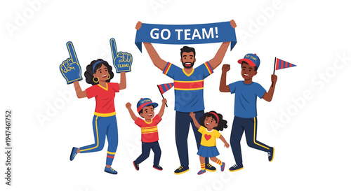 Joyful Diverse Group Celebrating Fans with GO TEAM Banner. Vector Illustrations. EPS Editable