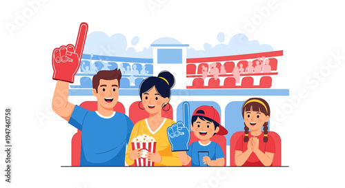 Joyful Family at Stadium Cheering Together During Game. Vector Illustrations. EPS Editable