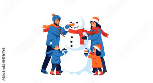 Joyful Family Building a Playful Snowman Outdoors. Vector Illustrations. EPS Editable