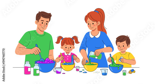 Joyful family cooking together at home with kids and colorful aprons. Vector Illustrations. EPS Editable