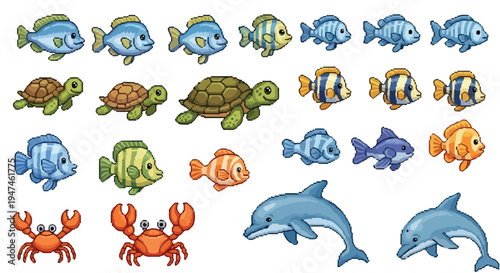 A diverse collection of pixel art marine animals including various fish, turtles, crabs, and dolphins, isolated on a white background.