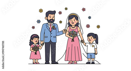 Joyful family wedding scene with bride groom and children. Vector Illustrations. EPS Editable