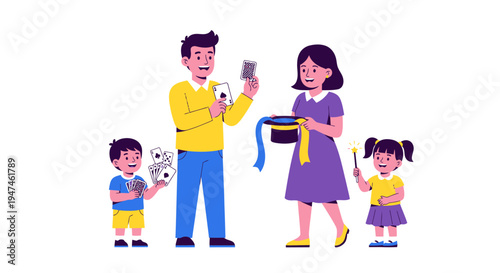 Joyful Family Portrait with Parents and Kids in Cartoon Style. Vector Illustrations. EPS Editable