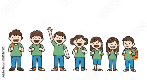 Cheerful Cartoon Schoolchildren Standing in Line. Vector Illustrations. EPS Editable