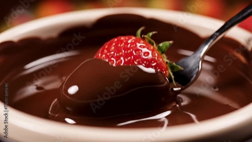 Ripe Strawberry Dipping into Rich Dark Melted Chocolate Artisanal Texture Cinematic Macro