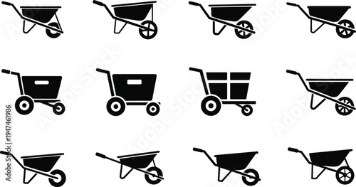 A comprehensive collection of twelve professional black vector icons representing various garden wheelbarrows and industrial transport carts, isolated on a clean white background, perfect design.