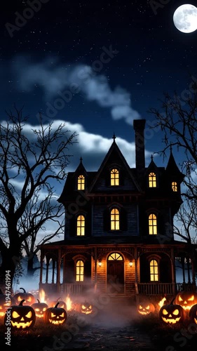 Spooky haunted house with glowing jack-o'-lanterns under full moon