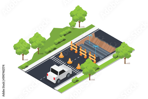 Isometric illustration of a damaged city road under construction with water pipe leakage and repair barriers. Traffic cones and warning signs block the area while a car approaches the roadwork zone. T