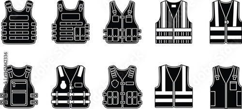 A comprehensive collection of ten vector icons depicting various types of tactical body armor, security enforcement gear, and high-visibility industrial construction safety work wear vests.