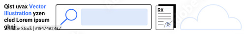 Online search, data storage, cloud computing, document management, digital tools, internet services. Magnifying glass in a search bar, document icon and cloud graphic. Online search and data storage