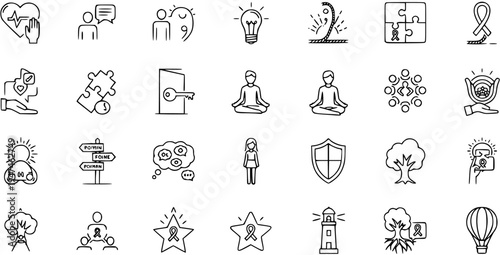 Collection of Linear Icons Representing Health, Wellness, Community, Support, and Hope in Black and White