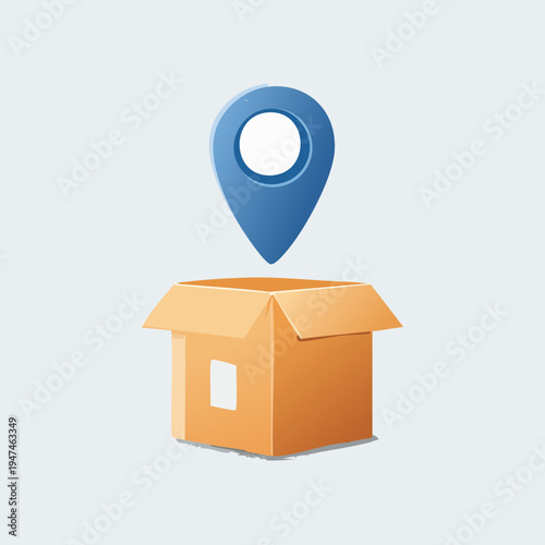 Package delivery location tracking concept with cardboard box and map pin.